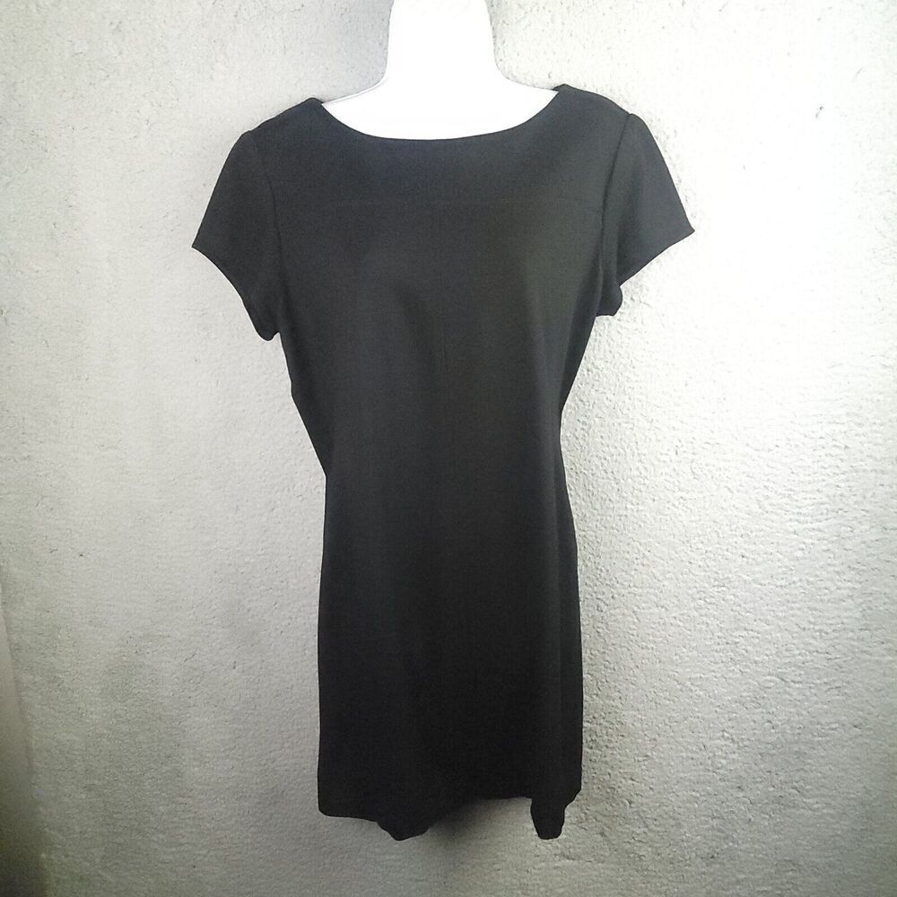 Chicos Black Sheath Dress Exposed Silver Zipper 2 Boat Neck Cap Sleeve Large